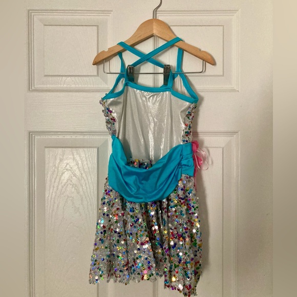 Girls Dance Costume Blue with Rainbow Sequins Sz CLA (Large) - Picture 2 of 3
